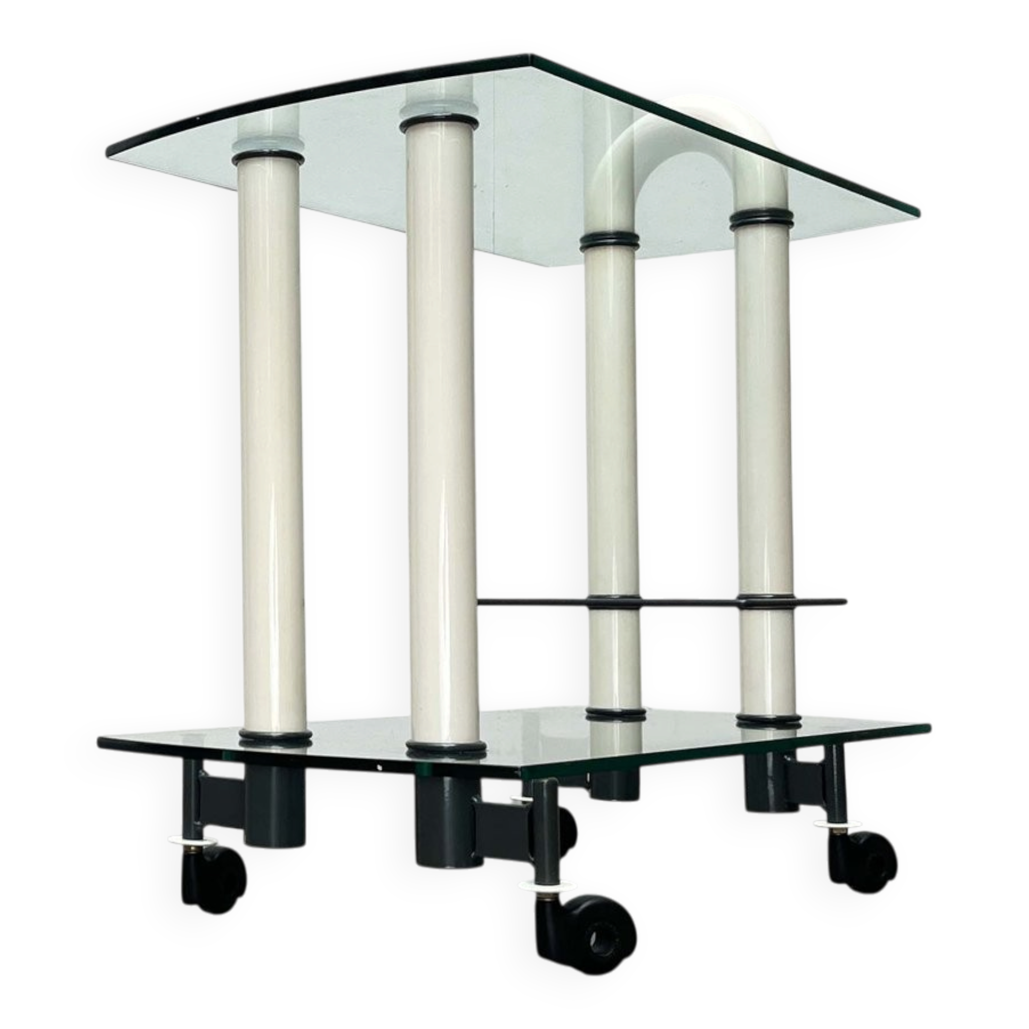 Postmodern Italian bar cart in glass and metal by Metalnova, 1980s.