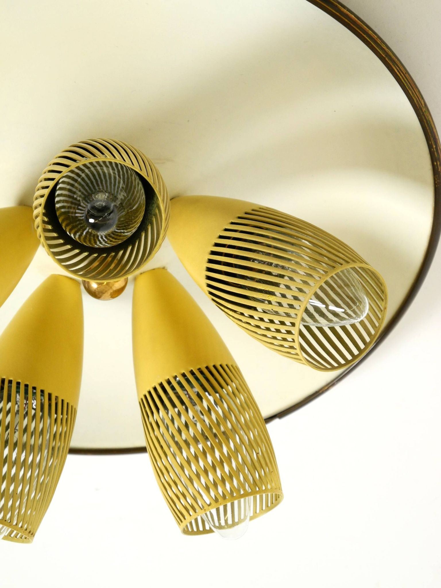 Very rare 5-arm mid-century modern metal bag ceiling lamp with round white