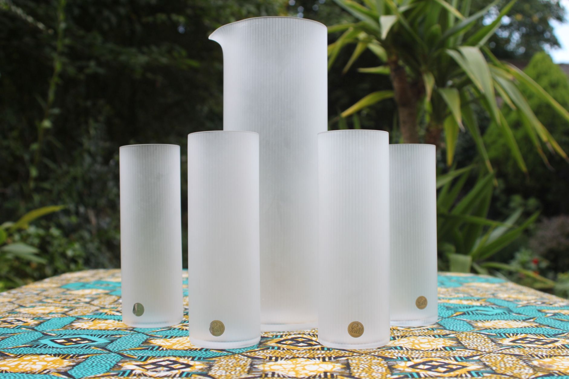 Striped ice glass pitcher and six cocktail glasses by Peill & Putzler, Germany 1960s.