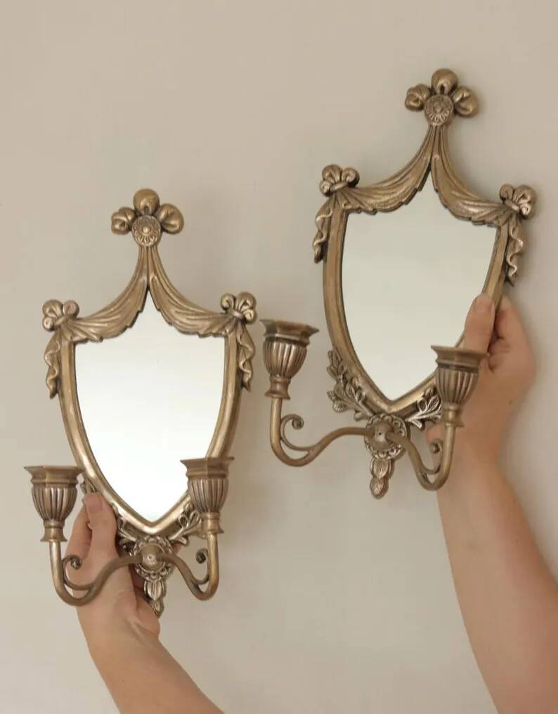 Pair of Vintage Double Arm Italian Brass Sconces with Mirror