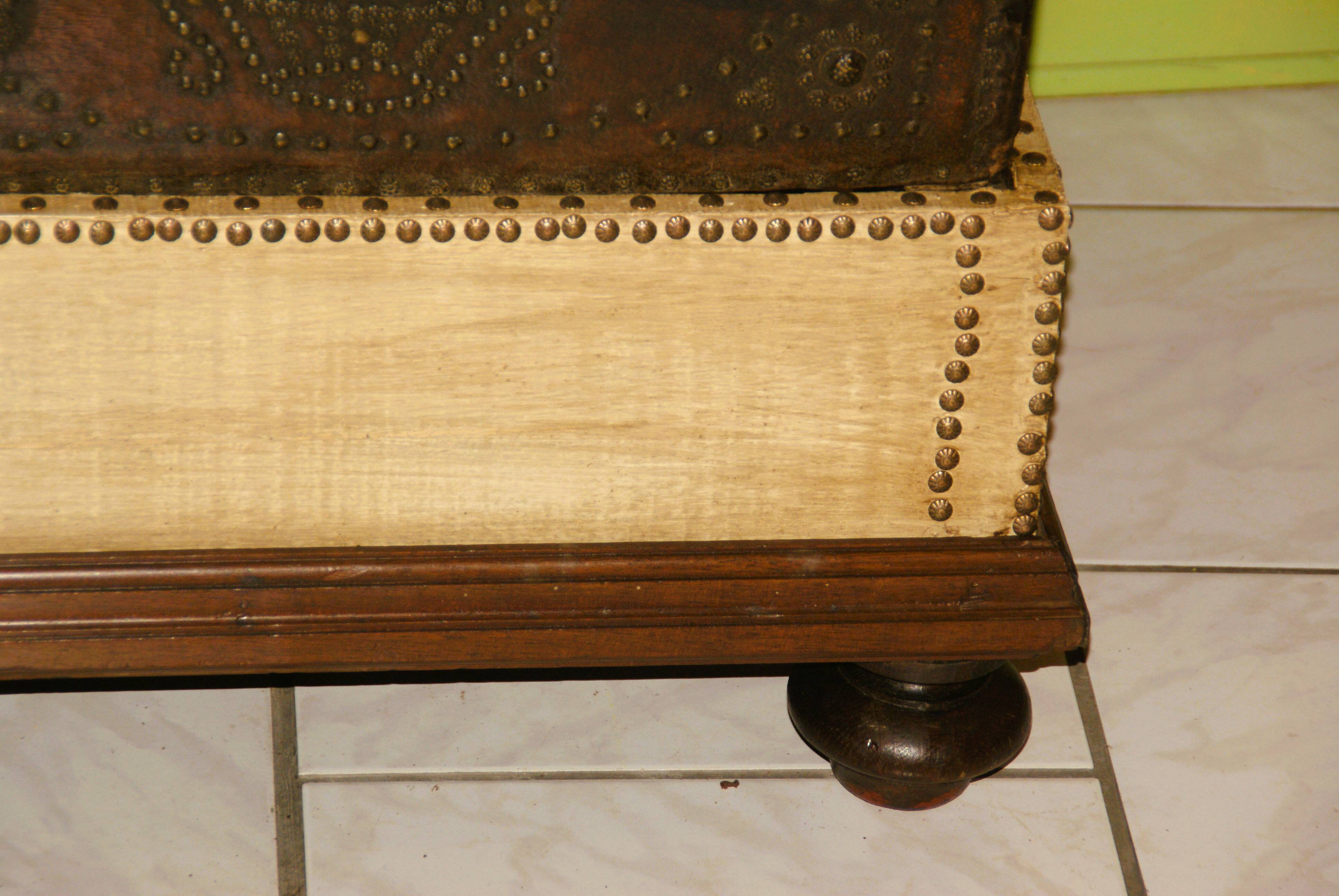 17th century studded leather travel trunk, richly decorated
