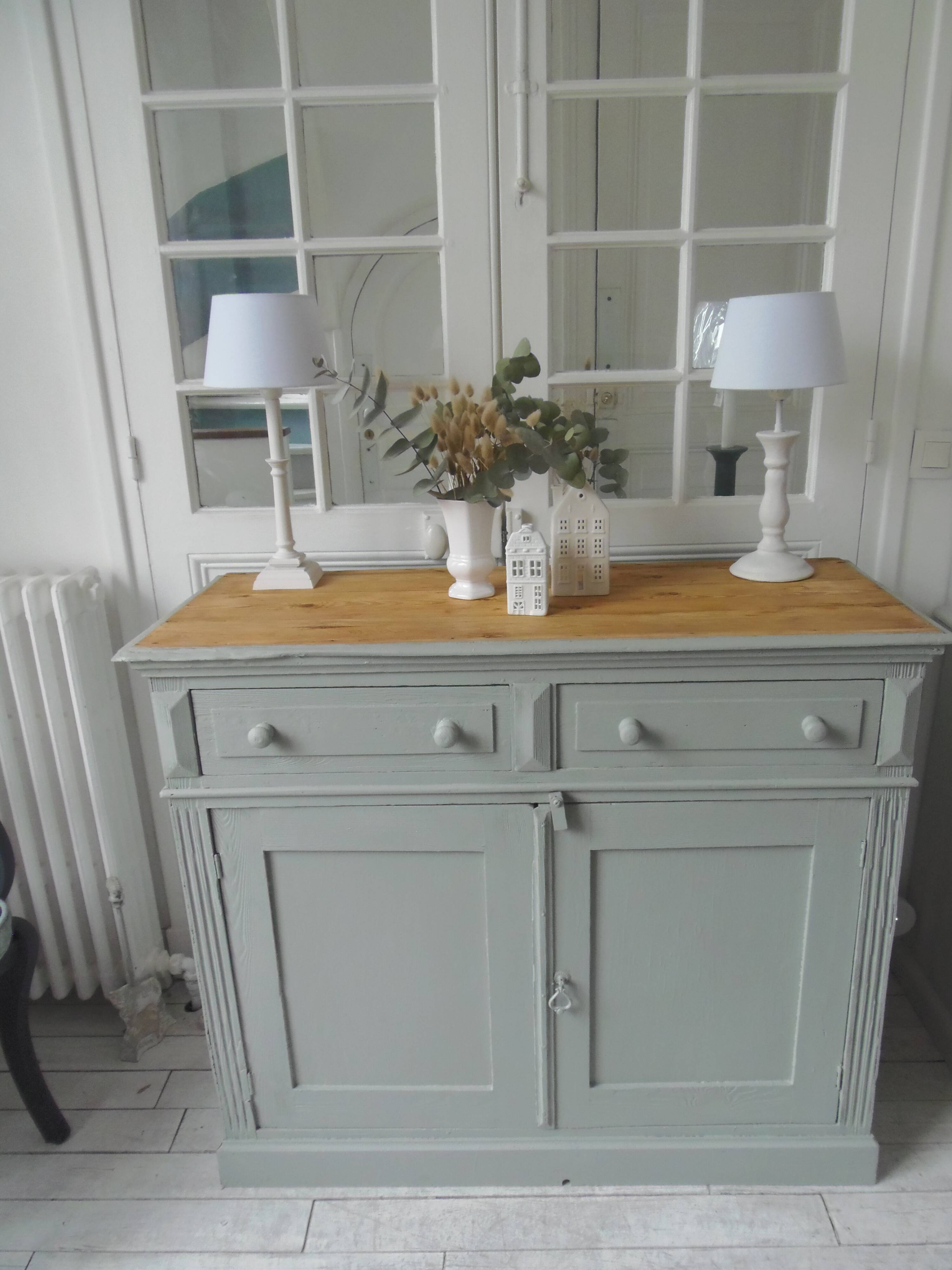 Antique sideboard enhanced in verdigris, wooden top.