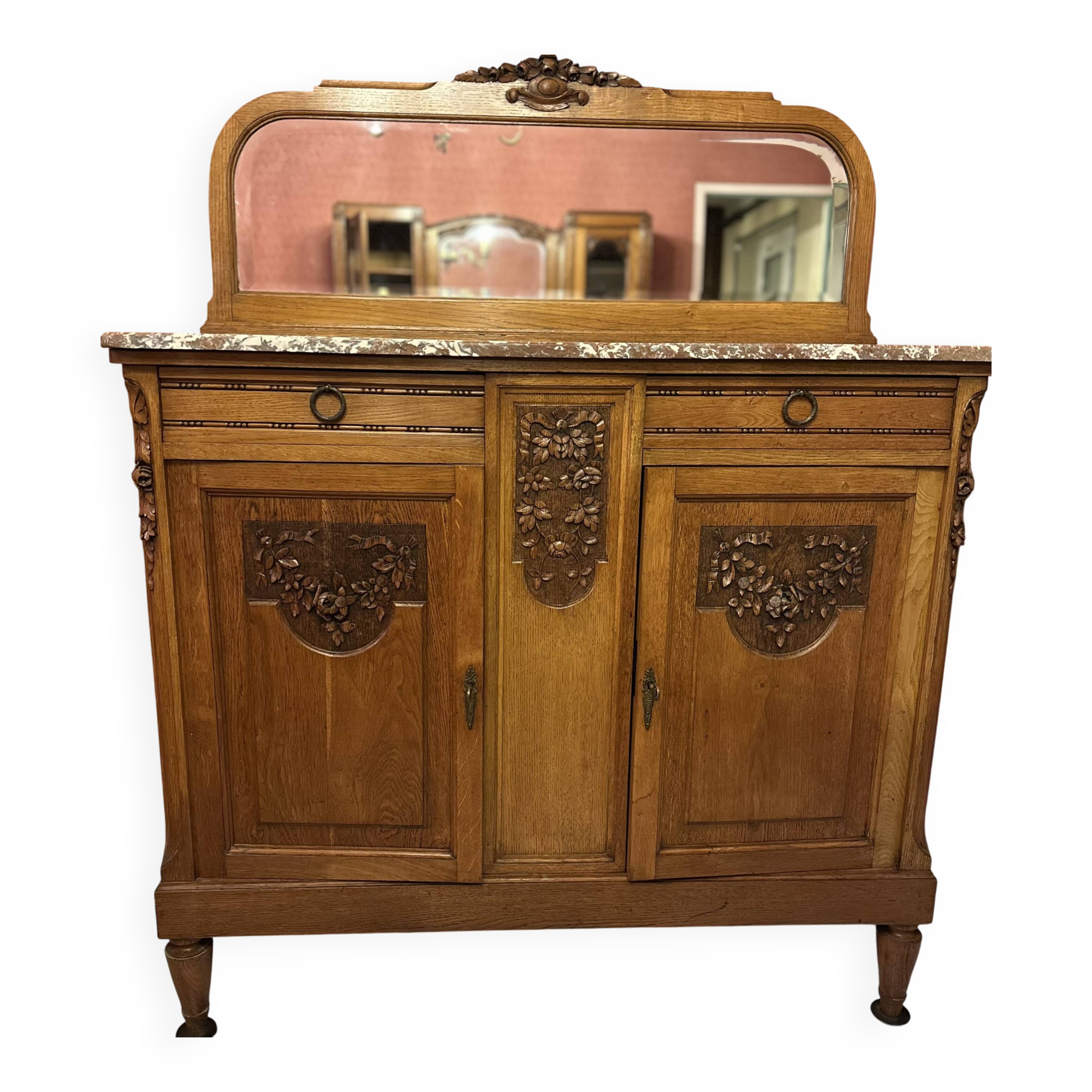 Art Deco solid wood sideboard with mirror and marble top