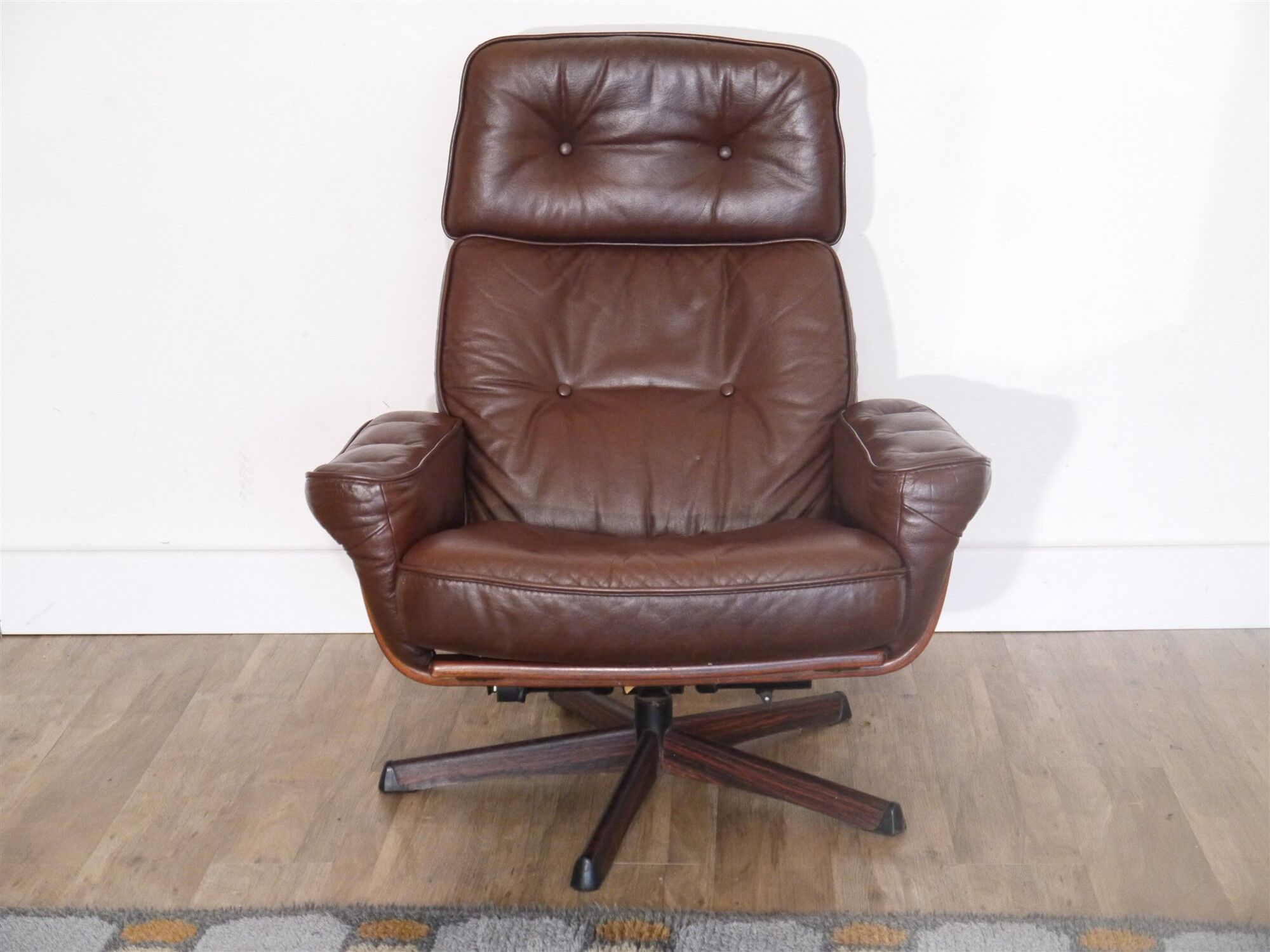 Armchair vintage Scandinavian lounge leather with ottoman 1970