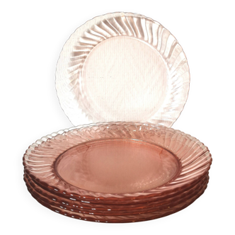 set of 6 Rosaline dessert plates in pink swirl glass