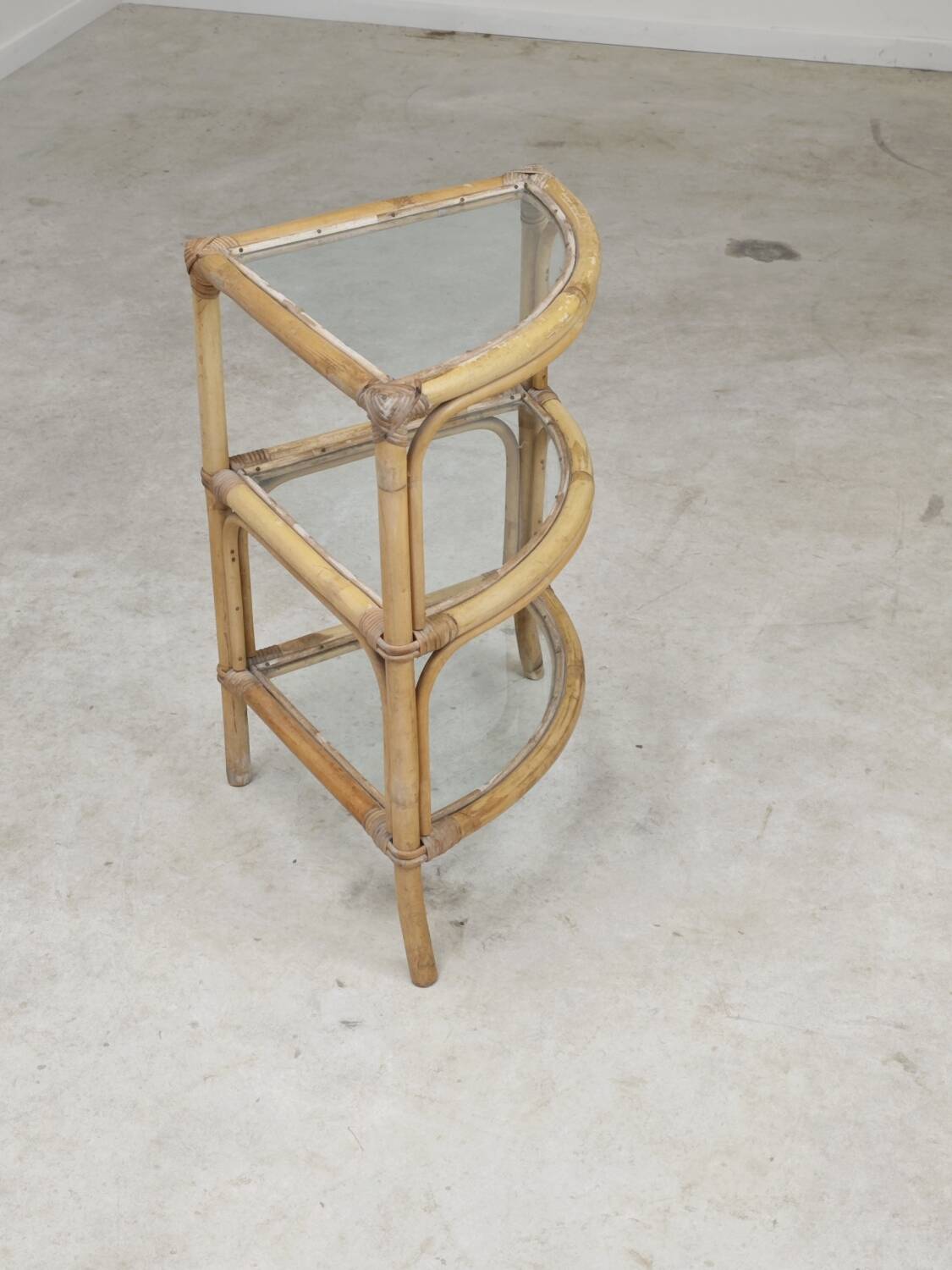 Rattan and glass corner shelf 1970