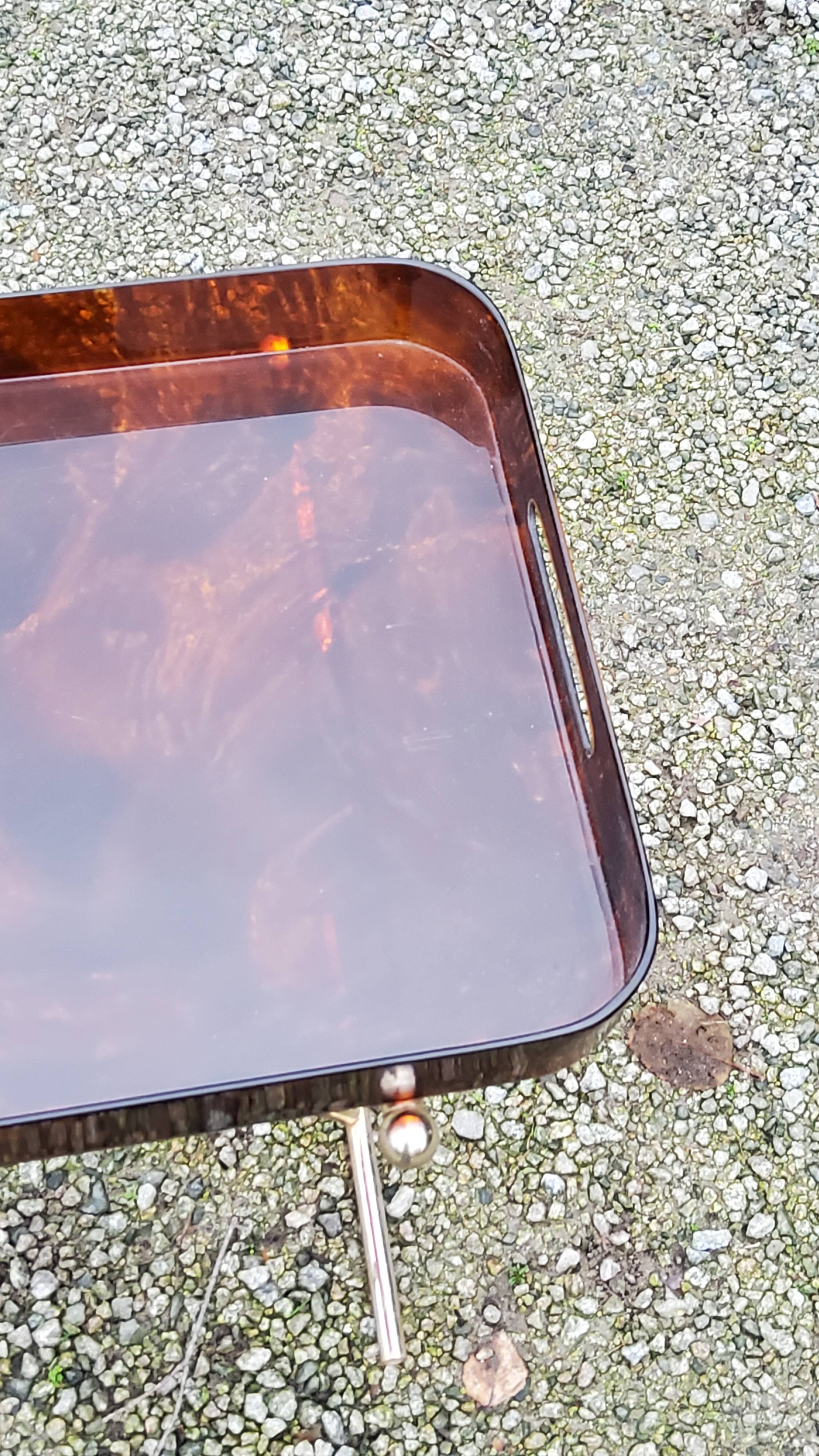 Gold metal side table with tortoiseshell lucite top from the 70s