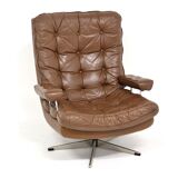 Rotating Scandinavian leather armchair, Swivel Sweden, 1970