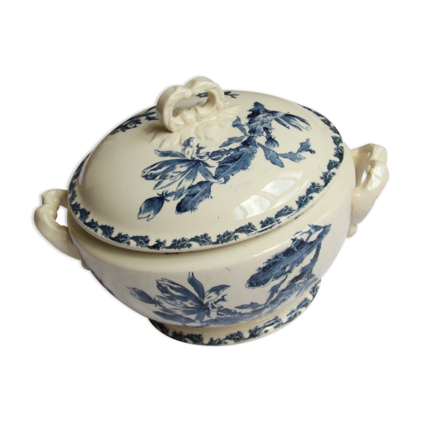 Soupière terre de fer gien cactus blue porcelain opaque old 19 th earthenware