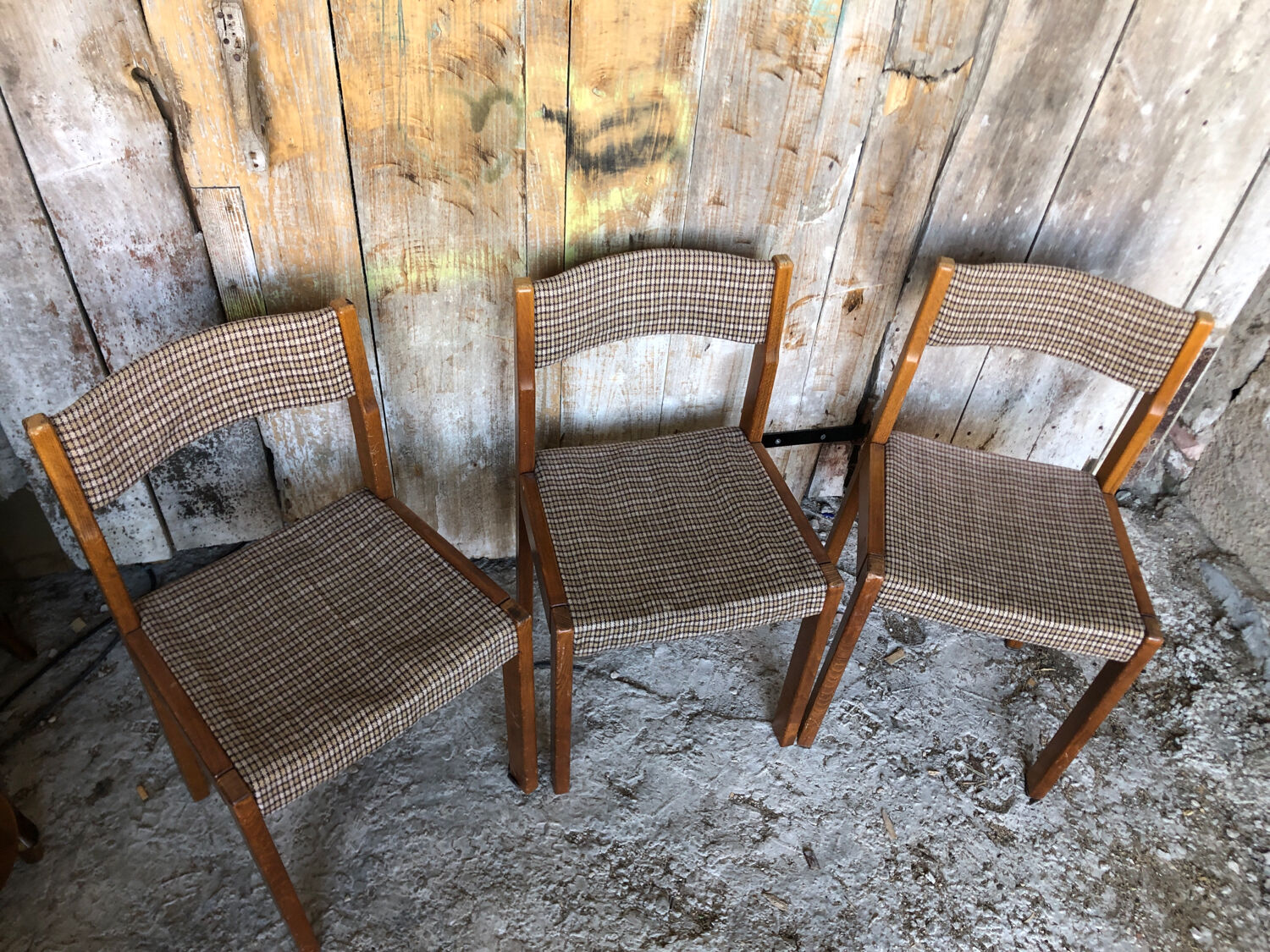 Set of 3 vintage 60s wooden fabric and tile chairs