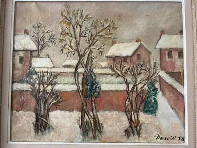 Oil on canvas painting "snow in Paris" signed Darvill 1958