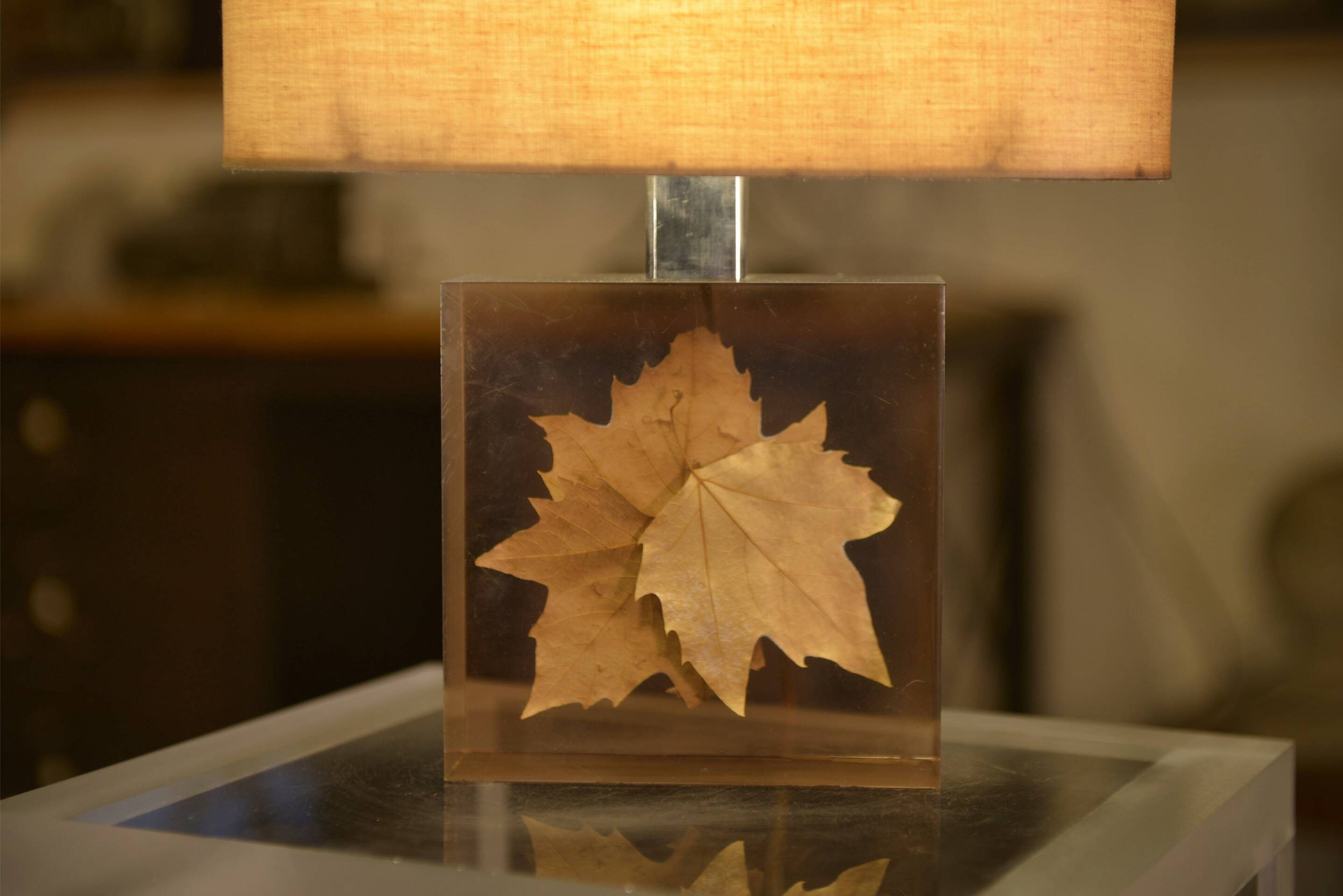 Lamp with plane tree leaf inclusion by Pierre Giraudon 1970s