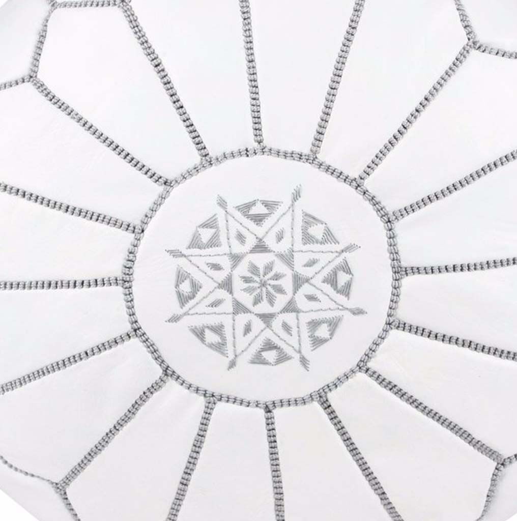 Grey white leather pouf - handmade Morocco D 53cm x H 32cm