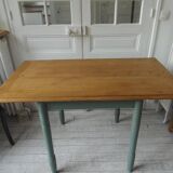 Table, vintage desk with smoked green base and waxed finish, oak top.