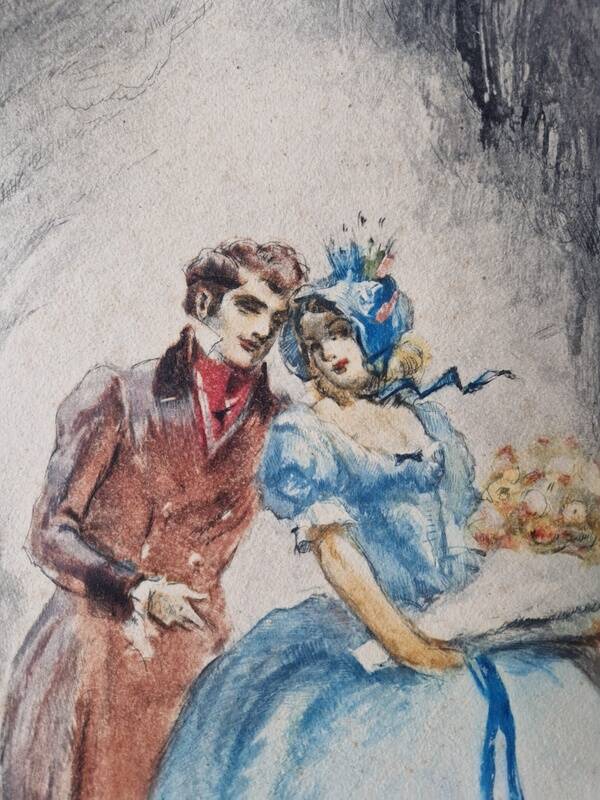 Georges Villa (1883-1965) - Colour lithograph - Gallant scene 1930