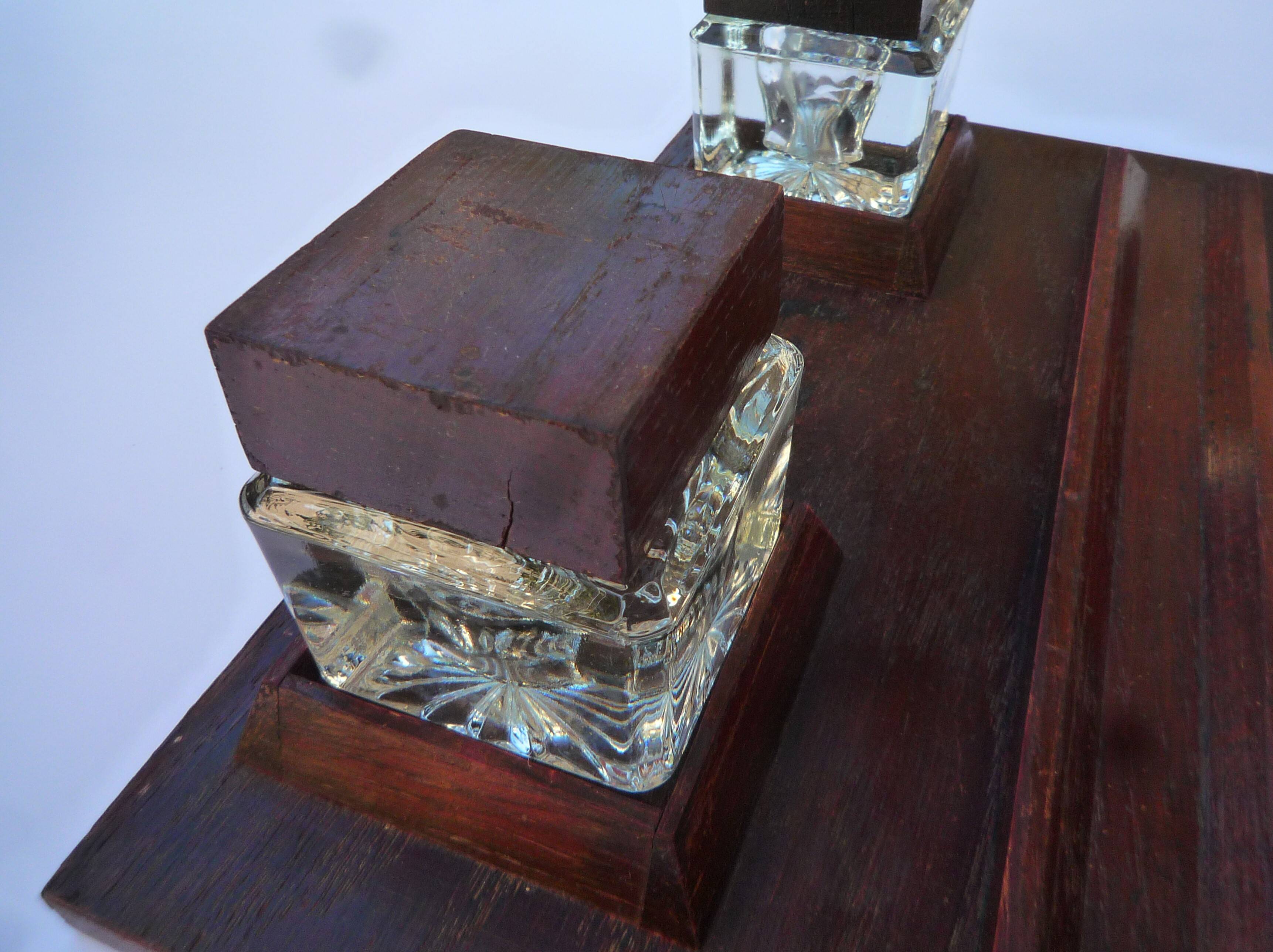 Wooden writing set including two glass inkwells, circa 1950
