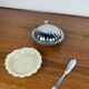 Shell butter dish with vintage knife, silver metal and white insert