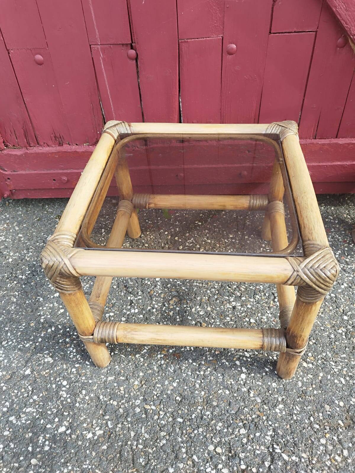 Small coffee or bedside table in rattan and vintage smoked glass