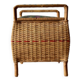 Large vintage wicker sewing basket - quilted fabric stool - 1960s