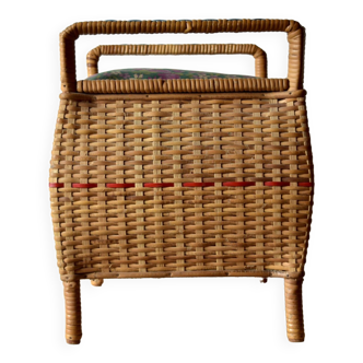 Large vintage wicker sewing basket - quilted fabric stool - 1960s