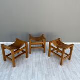 House Regain 3 Stools In Solid Elm And Leather 70s