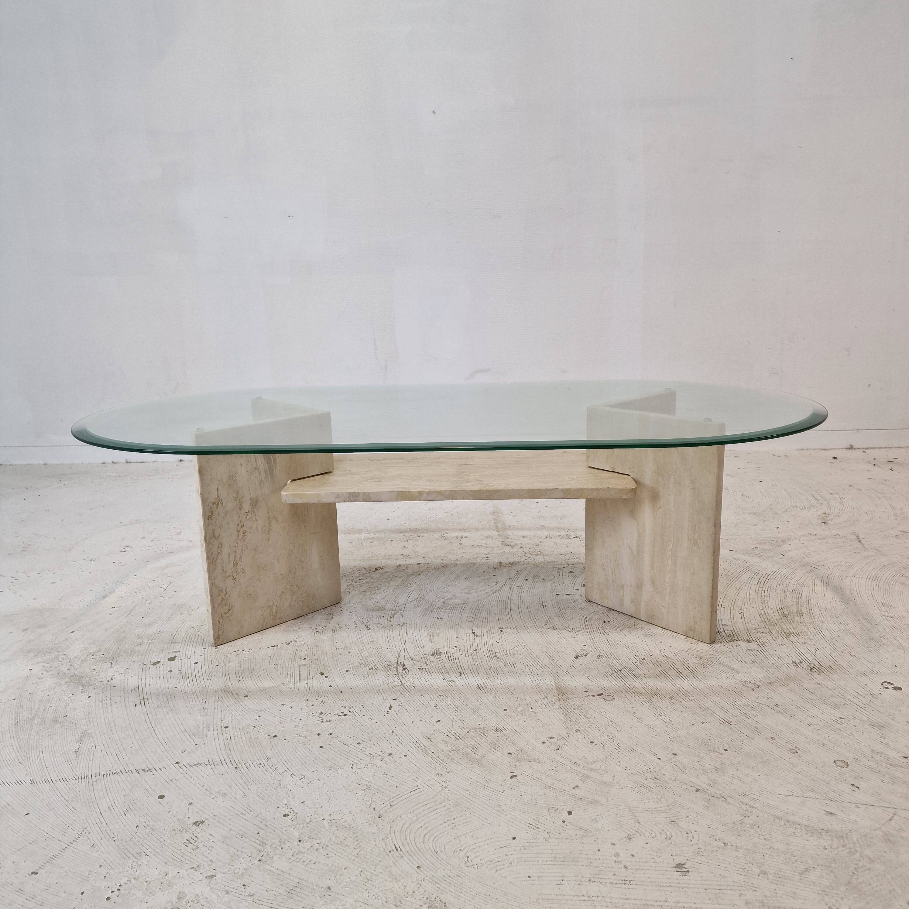 Italian Coffee Table in Travertine and Facet Cut Glass, 1980s