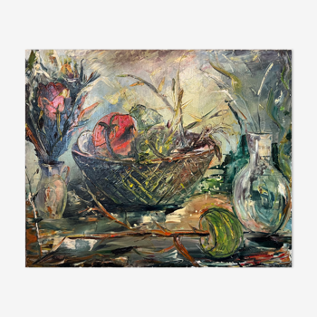 Huile sur toile "En rentrant du jardin" nature morte