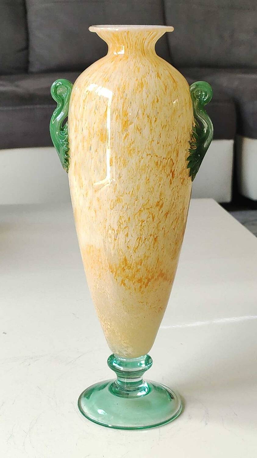 Amphora vase, speckled yellow. Murano style. Blown glass. Height 28 cm