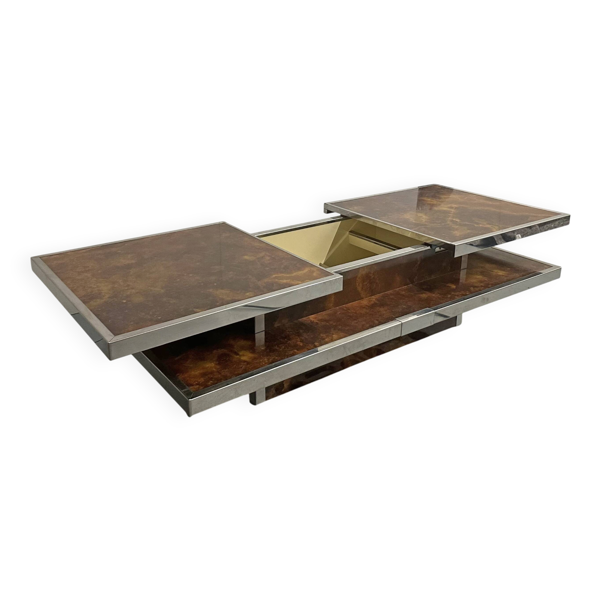 Table basse en bois de noyer à deux niveaux et métal avec bar intégré, France, années 1980.