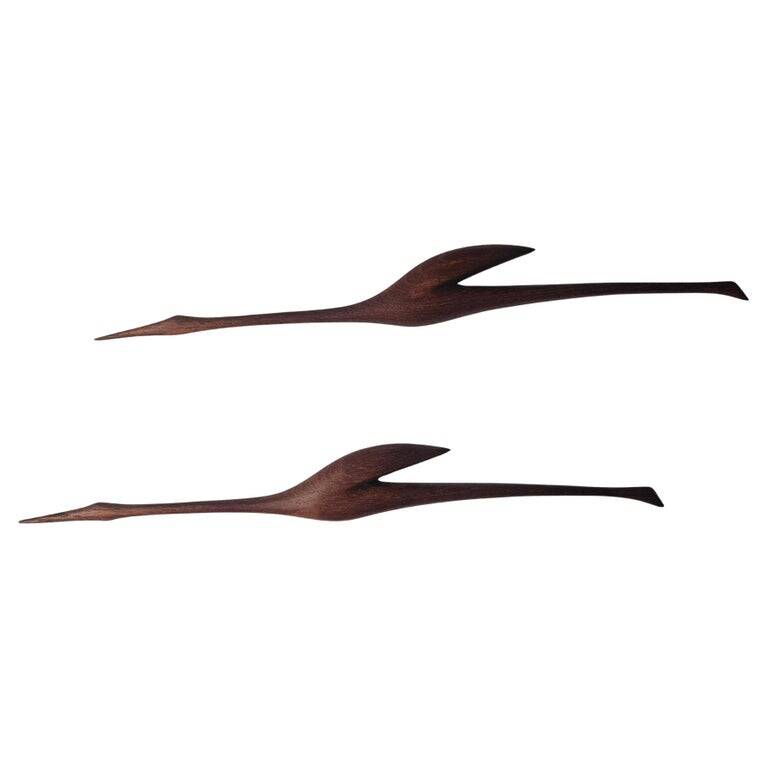 Pair of Midcentury Rare Teak Wall Sculptures of Birds Herons, Denmark, 1960