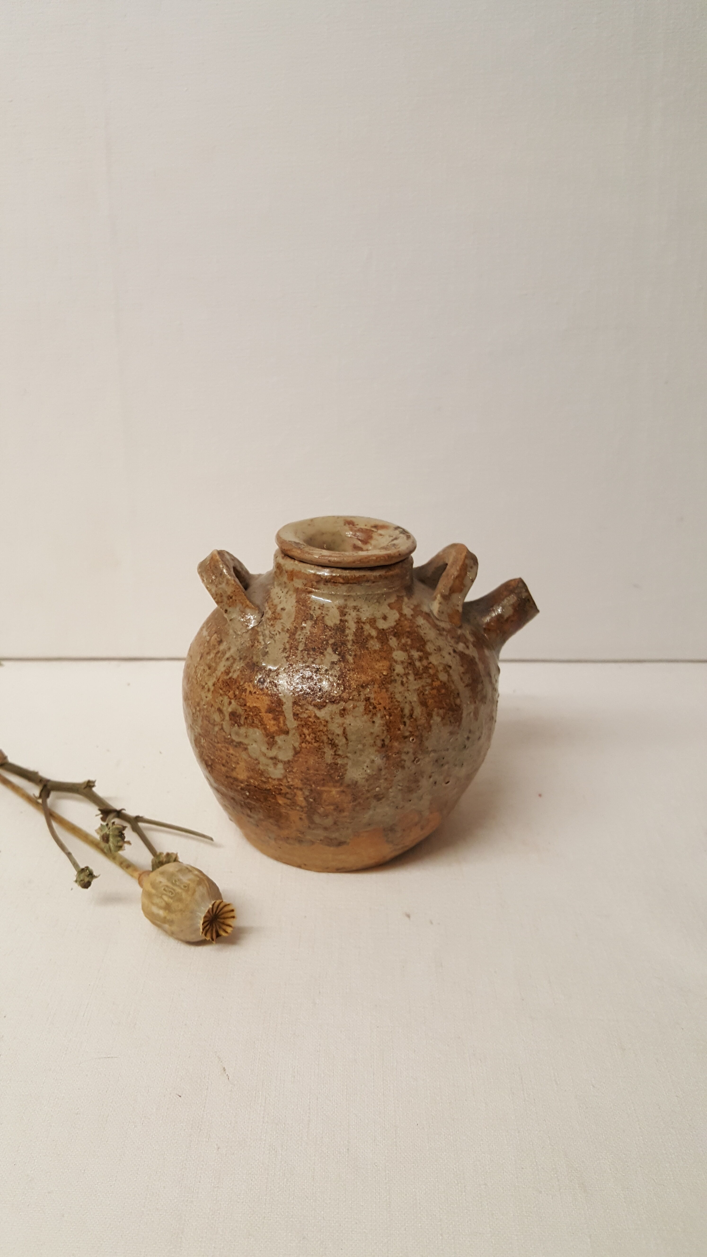 Pot with lid and double sandstone handle