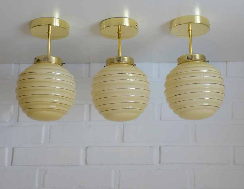 Set Of 3 Art Deco Semi Flush Ceiling Lights | 1940s Beige Hand Blown Glass