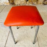 Tabouret vintage skaï orange et pieds chrome circa 70s