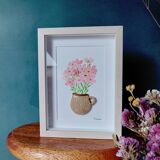 Tableau en relief bouquet de fleurs roses à l'aquarelle dans un mug en argile fait main