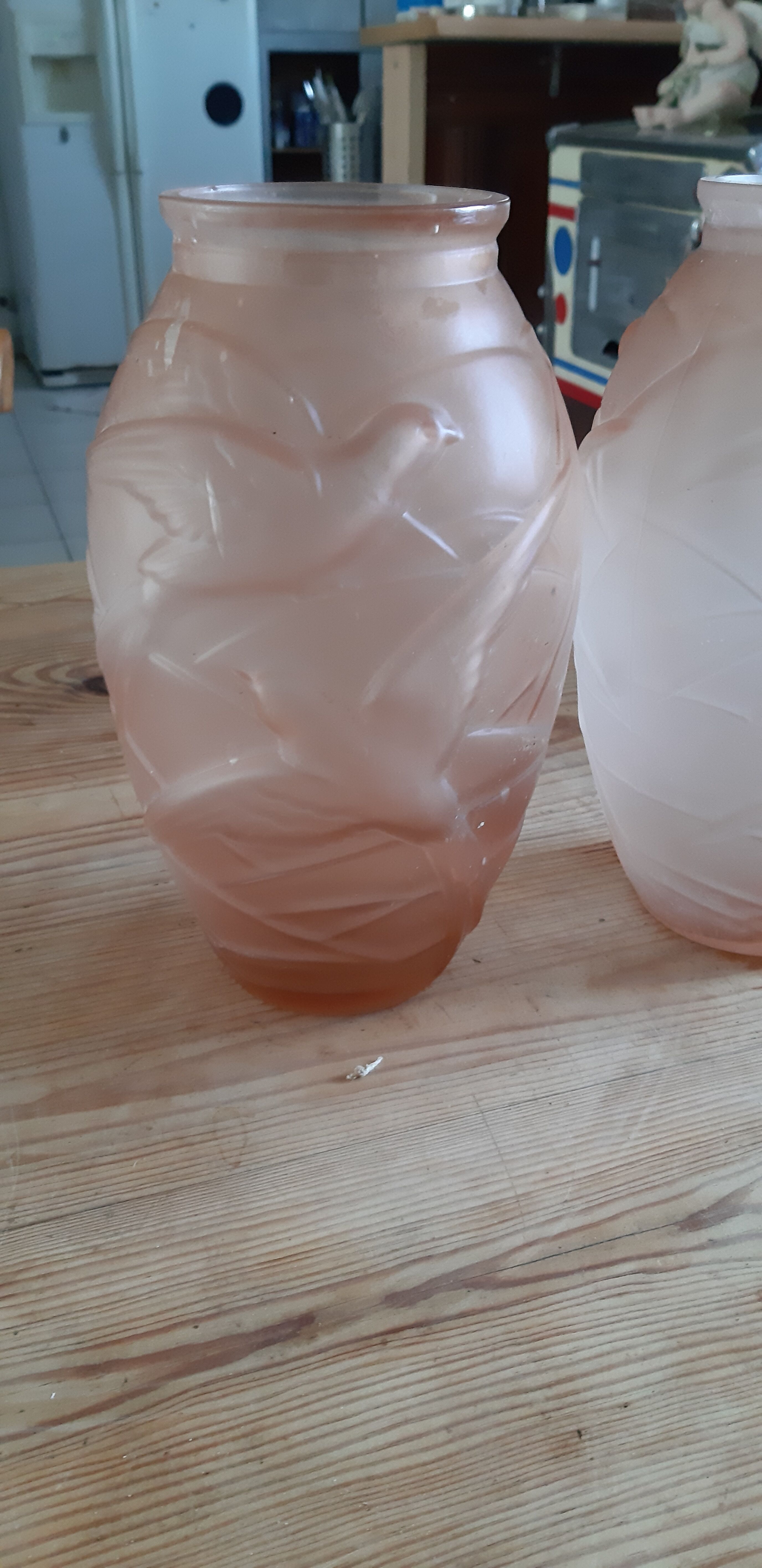 Pair of art deco vases in salmon glass signed NS