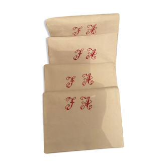 4 damask linen / silk tea towels, fa monogram