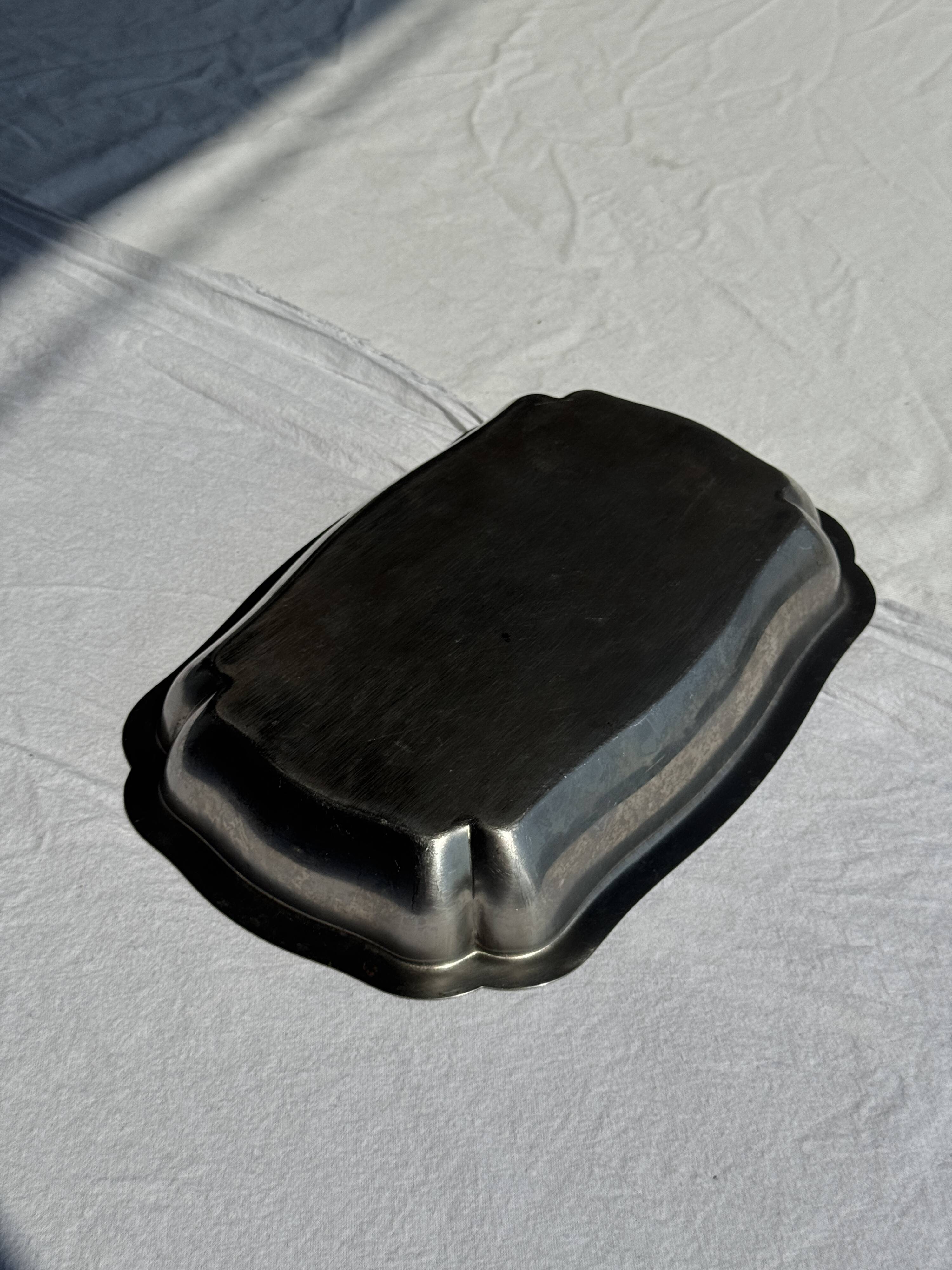 Silver metal serving dish oval rectangular high edges 30.5 x 21