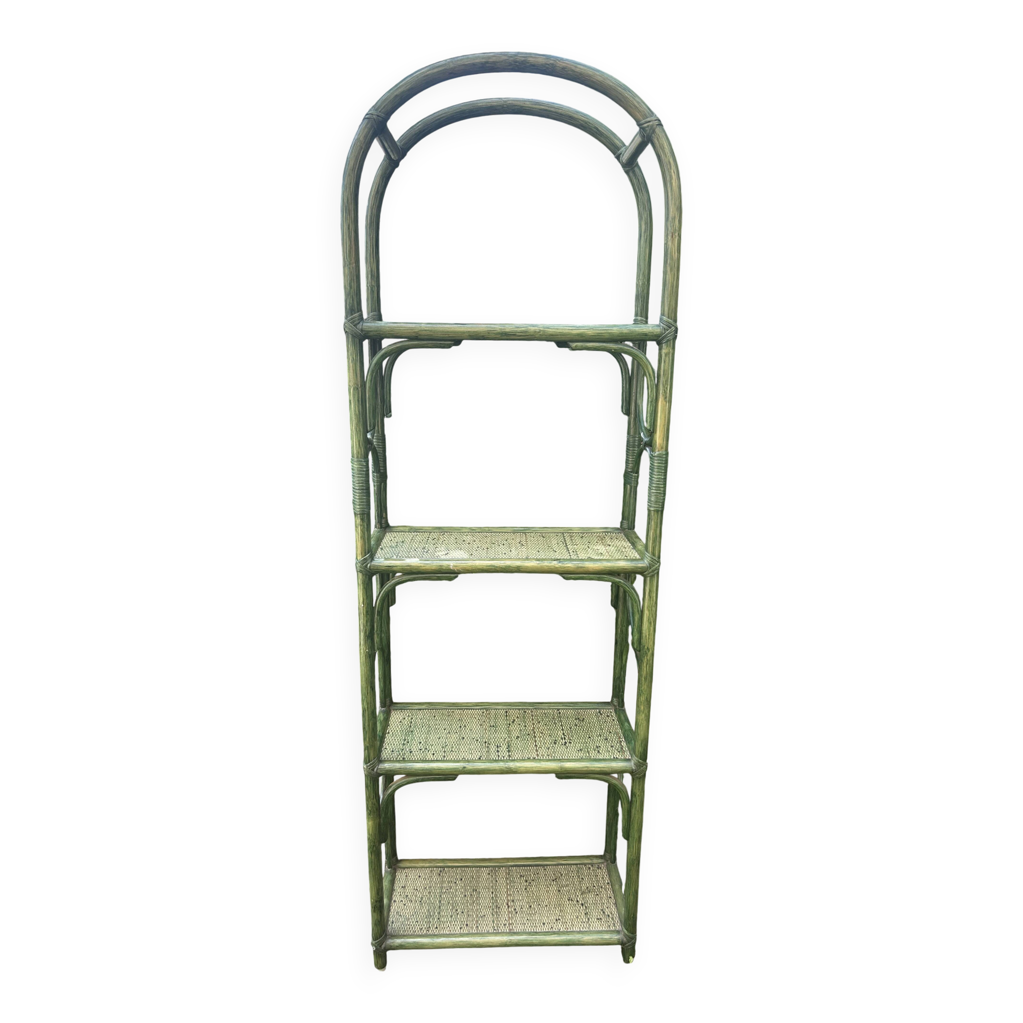 Étagère vintage en rotin/bambou laqué vert – esprit Riviera/années 70