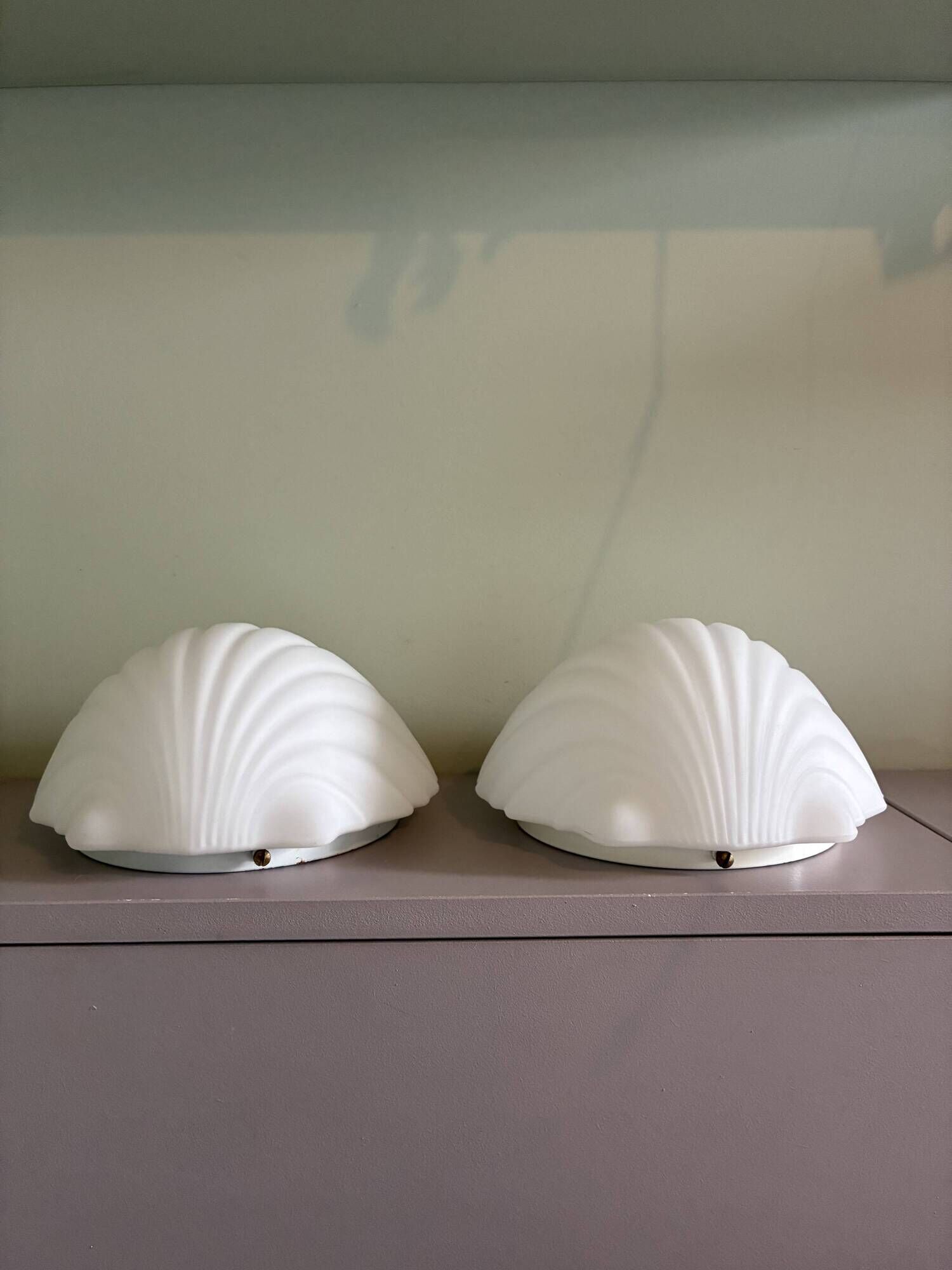 Two wall sconces in opal glass in the shape of seashells, Germany 1970
