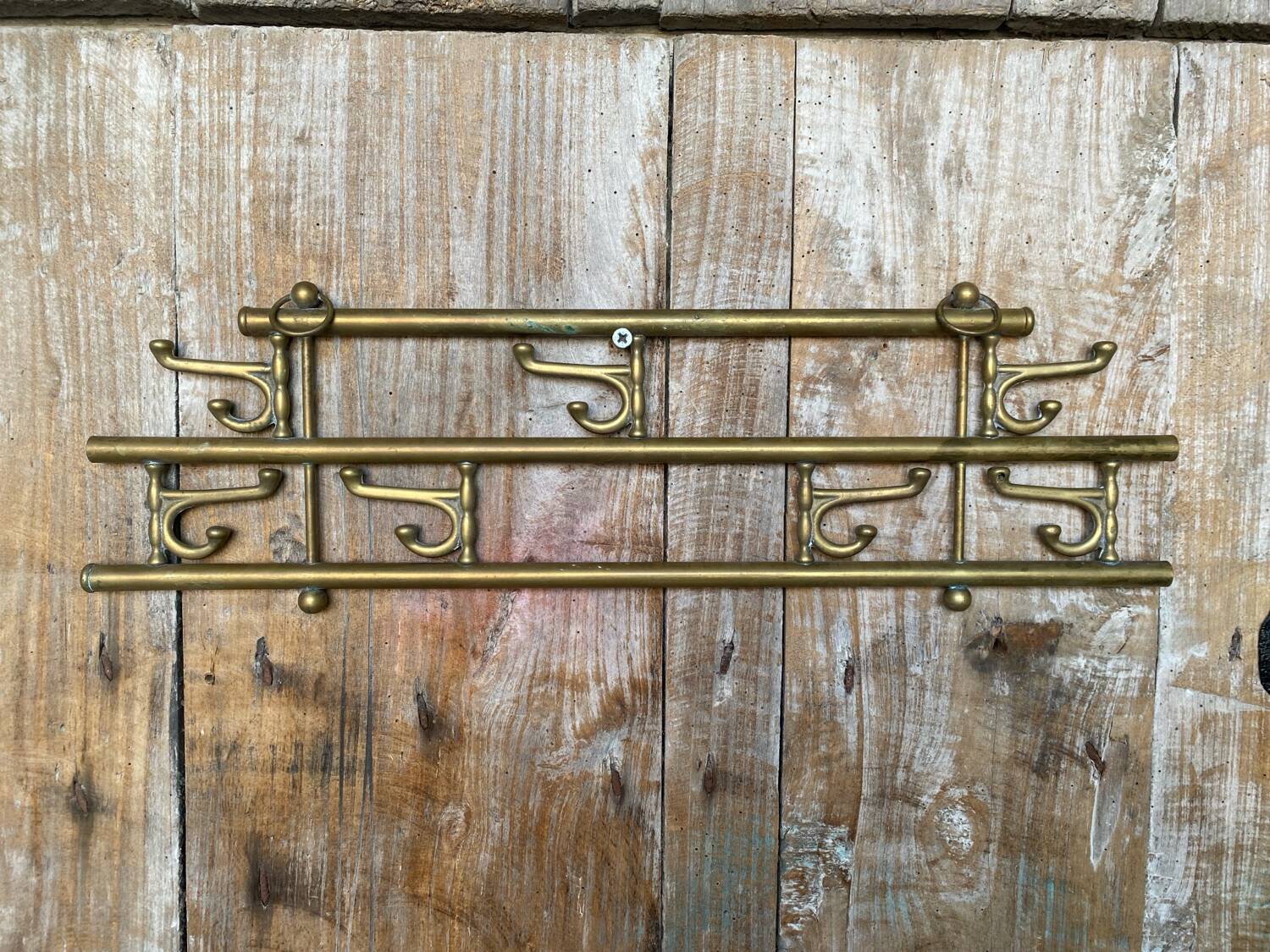 Vintage Wall Coat Rack Brass 7 Foldable Hooks #D748