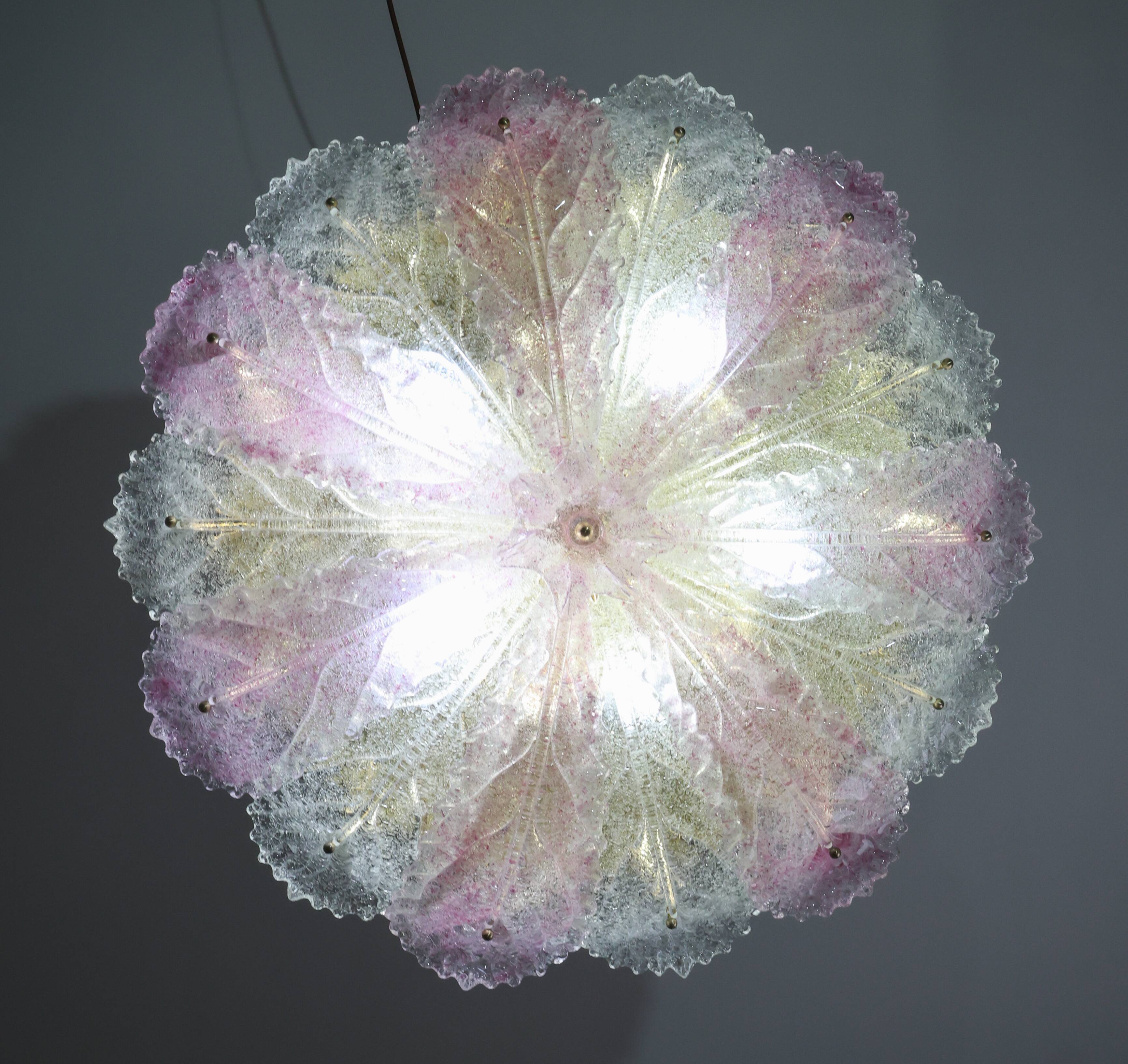 Large Size Pink and Transparent Murano Glass Leave Ceiling Light or Chandel