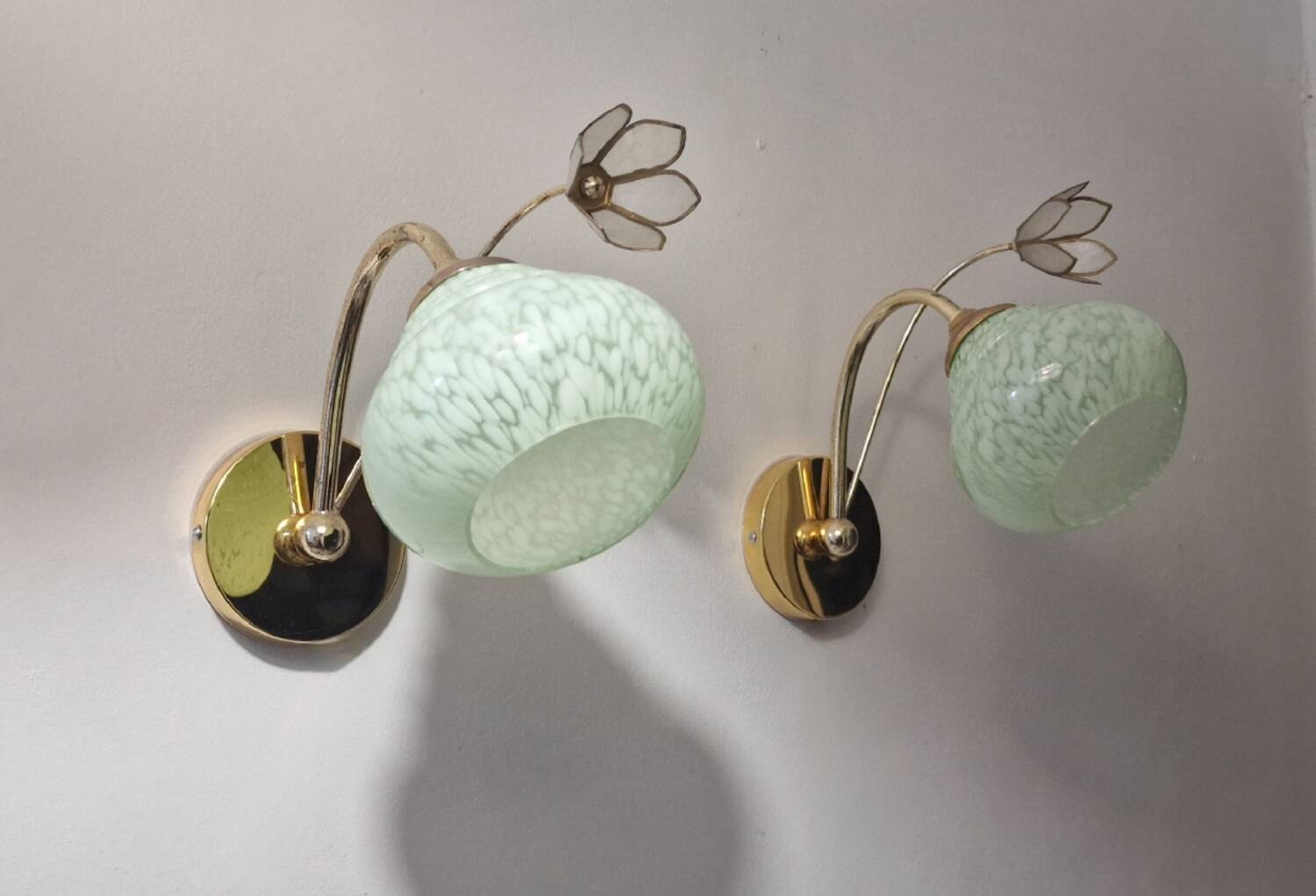 Clichy glass and mother-of-pearl flower wall lights