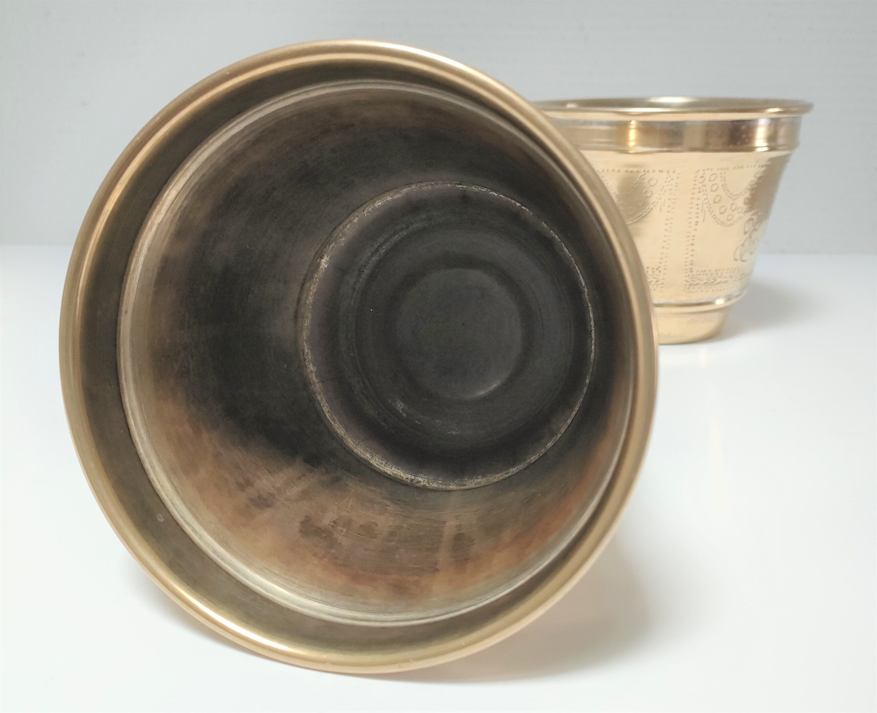 Three pot covers brass silver cover golden patina monogram early twentieth century