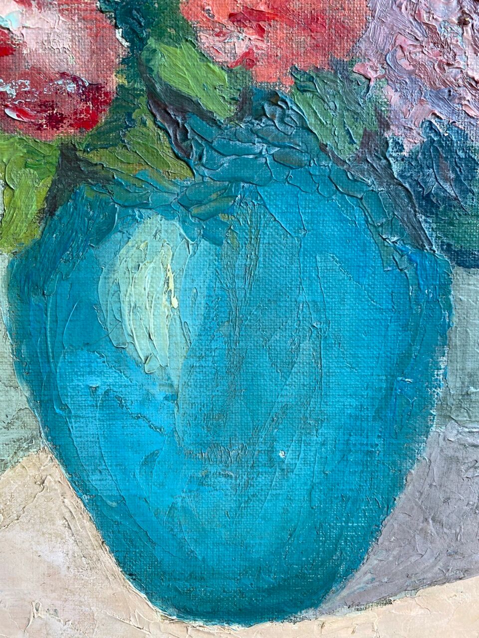 Antique painting, still life with blue vase and flowers, mid-20th century