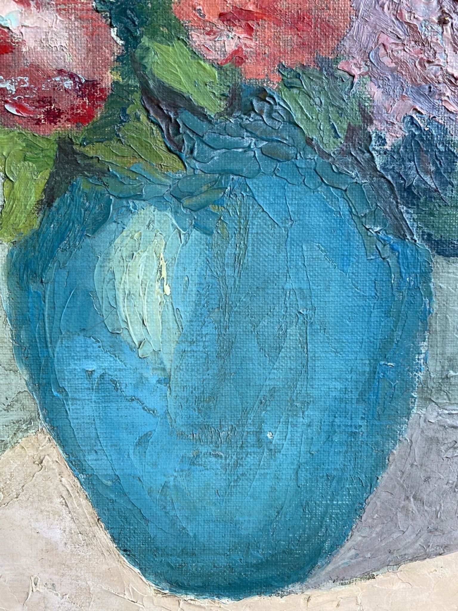 Antique painting, still life with blue vase and flowers, mid-20th century