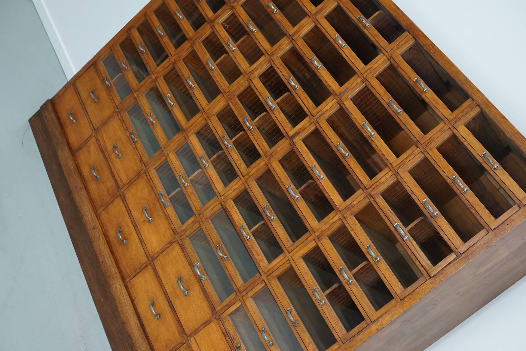 Large vintage German oak haberdashery shop cabinet, 1940s