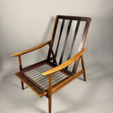 Fauteuil scandinave – revêtement vert, bois de hêtre, vintage