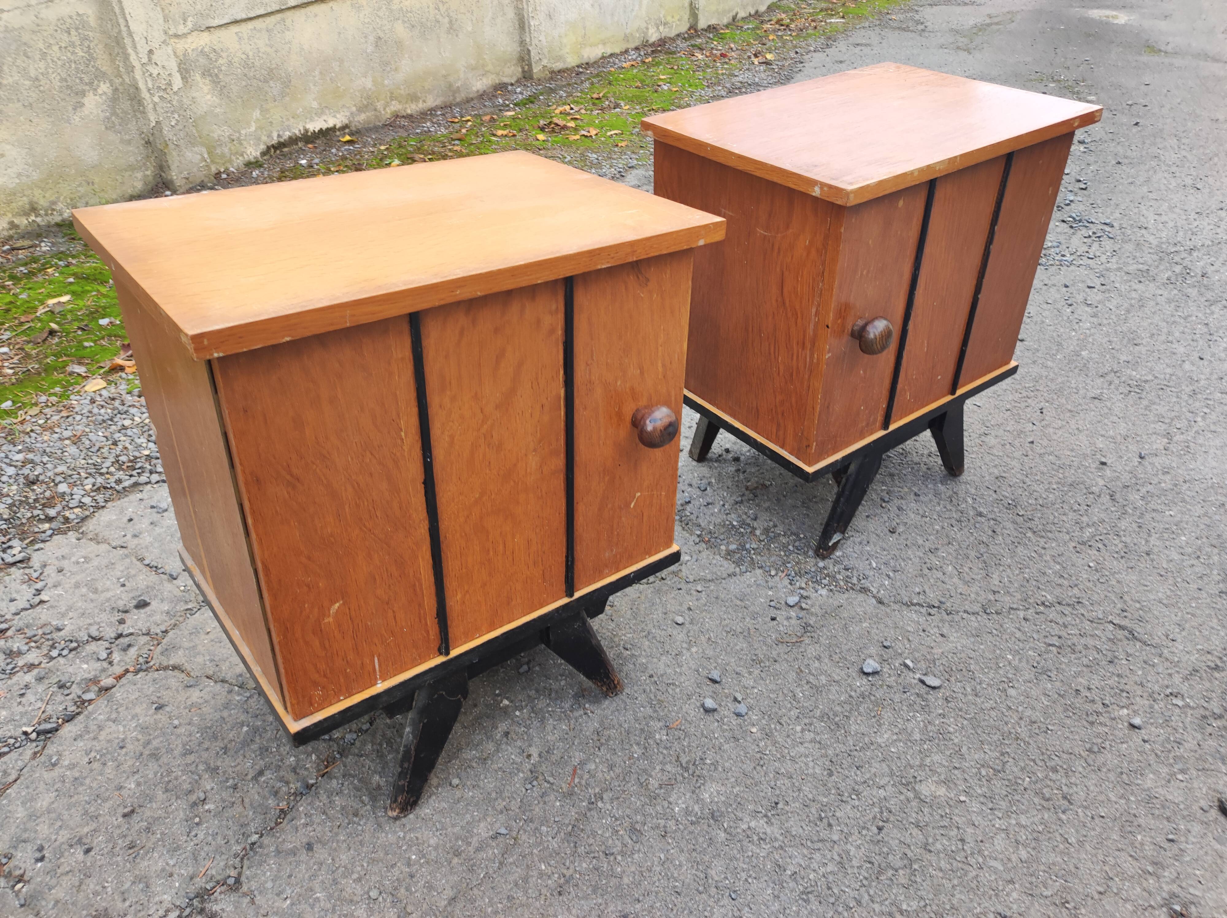 Pair of wooden bedside tables feet vintage compass