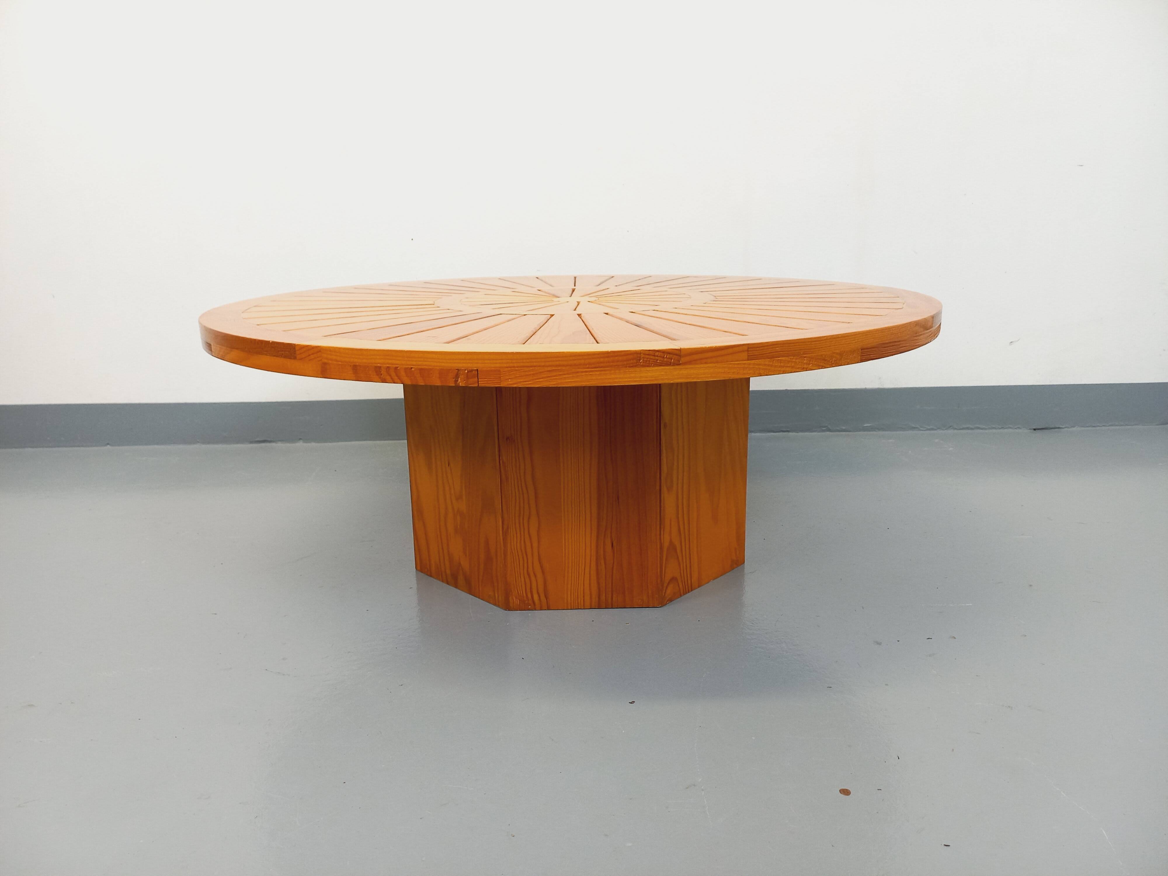 Vintage round pine coffee table from the 70s