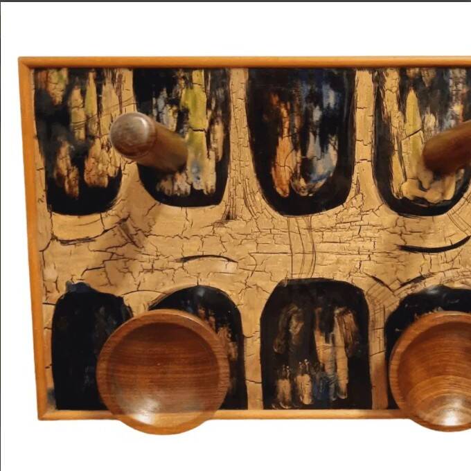 Vintage coat rack in wood and enameled copper